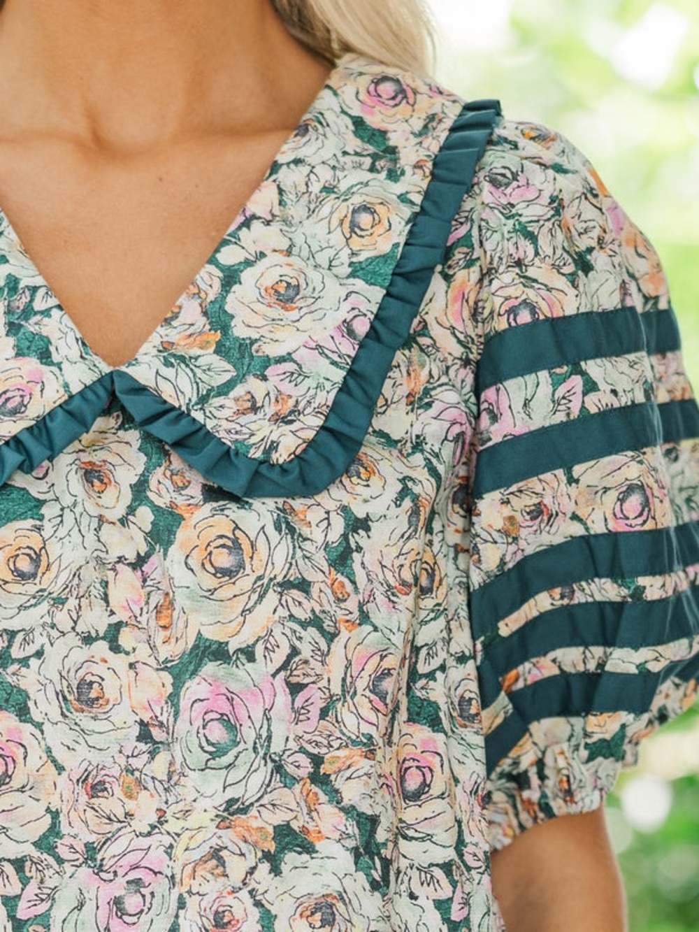 Entro Floral Puff Sleeve Low Collar V-Neck Colorful Blouse Hunter Green L - Picture 4 of 9